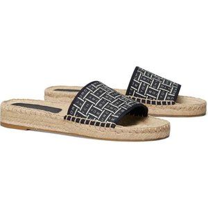 NIB Tory Burch Logo Grosgrain Ribbon Woven Slide Navy US 8 8.5 AUTHENTIC